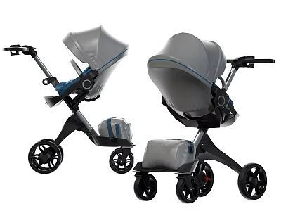 Two Modern Baby Strollers With Gray Canopy Blue Accents Storage Bag And Wheels 3d model