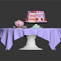 Delicious Strawberry Cake With Tiered Dessert Stand And Pink Teapot On Purple Tablecloth