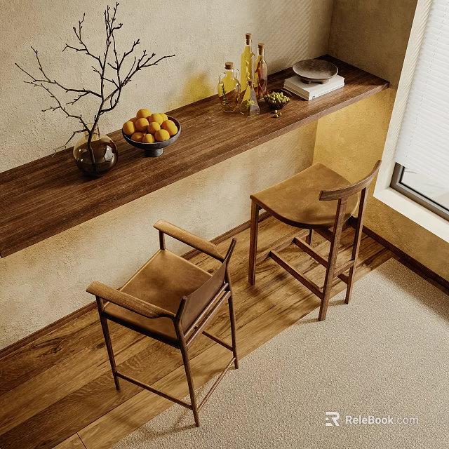 Wooden Bar Counter With Fruit Bowl Vase Bottles And Two Brown Chairs On Wooden Floor 3d model 