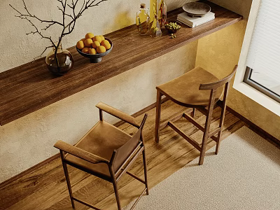 Wooden Bar Counter With Fruit Bowl Vase Bottles And Two Brown Chairs On Wooden Floor 3d model