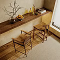 Wooden Bar Counter With Fruit Bowl Vase Bottles And Two Brown Chairs On Wooden Floor
