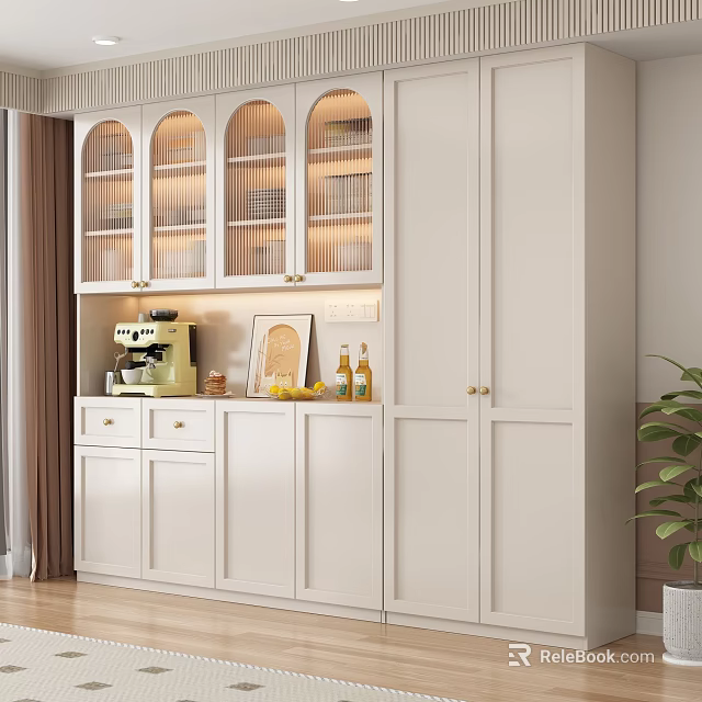 Elegant White Sideboard With Glass Doors Lighting Drawers Coffee Machine Wine Bottles Fruits And Plant 3d model 