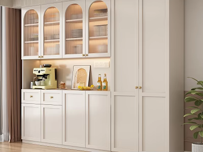 Elegant White Sideboard With Glass Doors Lighting Drawers Coffee Machine Wine Bottles Fruits And Plant 3d model