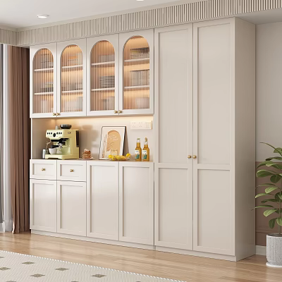 Elegant White Sideboard With Glass Doors Lighting Drawers Coffee Machine Wine Bottles Fruits And Plant 3d model