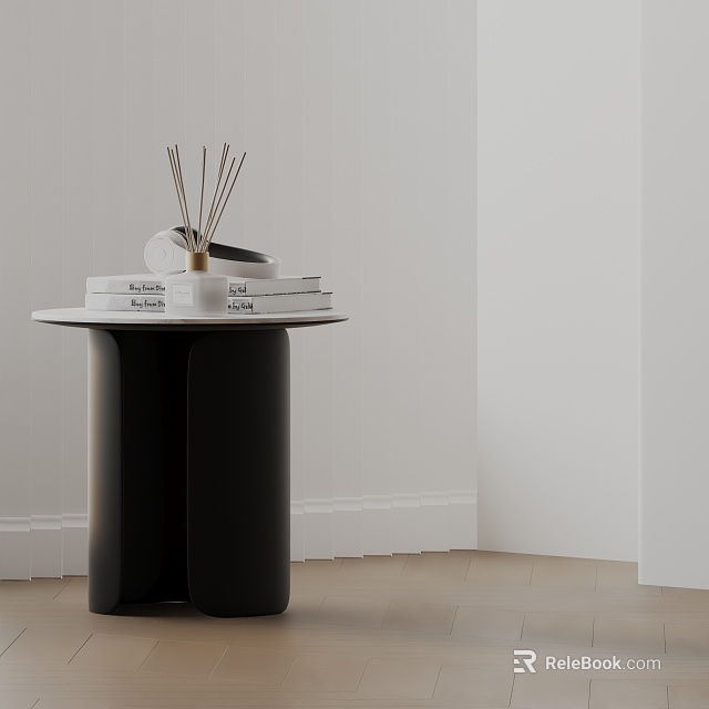 Black Modern Side Table with Round Top and Double Cylindrical Legs holding Books Diffuser Sticks 3d model 