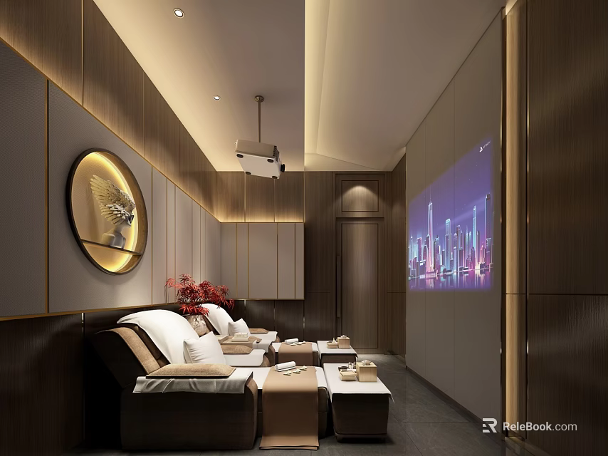 Modern SPA Sauna Interior Design With Comfortable Sofa Beds Projector Screen And Wooden Decor 3d model 