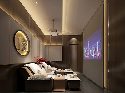 Modern SPA Sauna Interior Design With Comfortable Sofa Beds Projector Screen And Wooden Decor 3d model