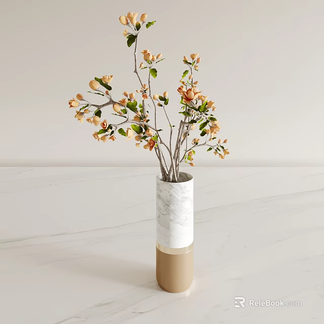 White Marble Vase with Gold Base Holding Orange Blossoms and Green Leaves on White Countertop 3d model 