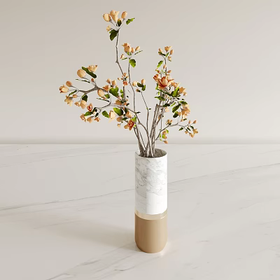 White Marble Vase with Gold Base Holding Orange Blossoms and Green Leaves on White Countertop 3d model