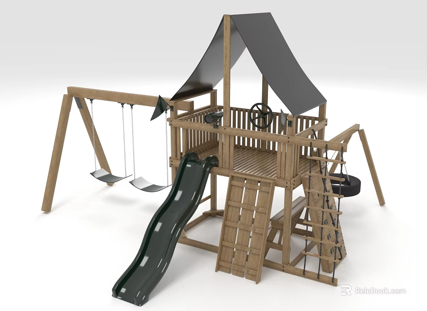 Outdoor Wooden Playground Equipment With Slide Swing Climbing Ladder And Canopy 3d model 