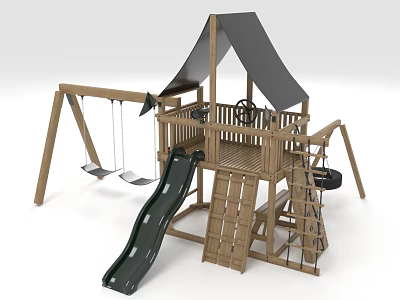 Outdoor Wooden Playground Equipment With Slide Swing Climbing Ladder And Canopy 3d model