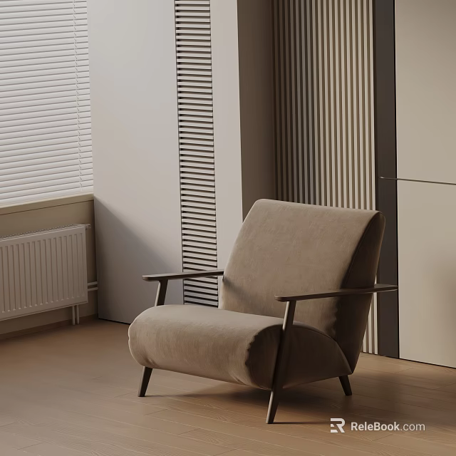 Modern Minimalist Beige Lounge Chair With Armrests Wooden Floor Striped Wall And Blinds 3d model 