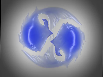 Blue Aquatic Fish Intertwined in Circular Design Against Gray Background 3d model