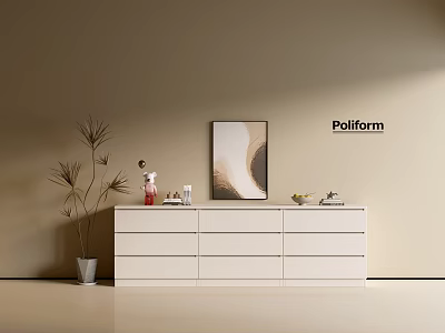 Modern White Entryway Console Cabinet With Decorative Items Plant And Wall Art 3d model
