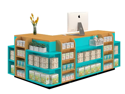 Retail Display Cabinet Shelves With Counter Apple Monitor Flower Vase And Packaged Goods 3d model