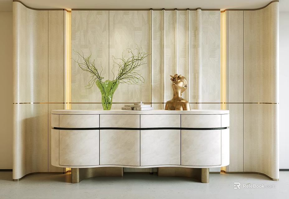 Elegant Curved Marble Sideboard Cabinet With Exquisite Decorations For Modern Luxury Home Dining Space 3d model 