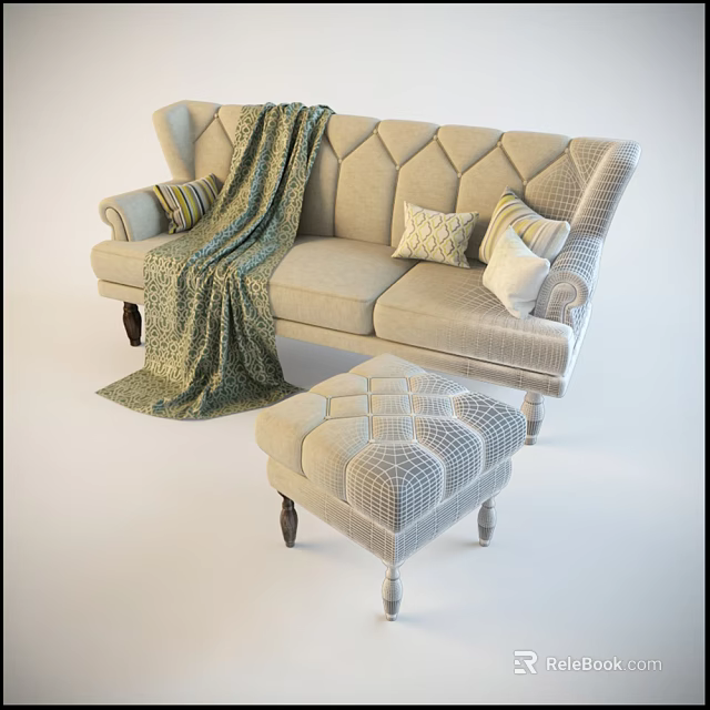 Elegant Tufted Three-Seater Sofa With Knitted Blanket Decorative Pillows And Matching Ottoman 3d model 