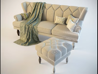 Elegant Tufted Three-Seater Sofa With Knitted Blanket Decorative Pillows And Matching Ottoman 3d model