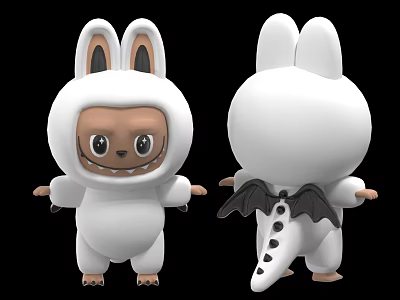 Cute Rabbit Doll With Big Eyes White Costume Brown Ears Black Small Wings And Tail 3d model