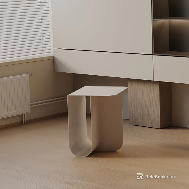 Modern Minimalist Light Beige Bedside Table in Room With Wooden Floor White Blinds and Cabinet 3d model 