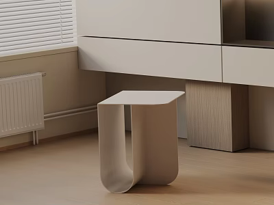 Modern Minimalist Light Beige Bedside Table in Room With Wooden Floor White Blinds and Cabinet 3d model