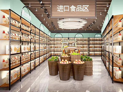 Supermarket Imported Food Section With Shelves Of Packaged Goods And Fresh Produce Baskets 3d model