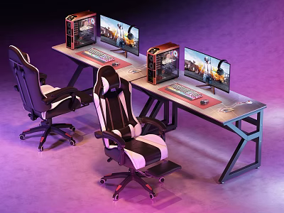 Gaming Desk and Chair Set with Dual Monitors Computer Cases and Ergonomic Seats 3d model