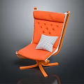 Comfortable Orange Leisure Chair With Tufted Backrest Wooden Frame And Checkered Pillow