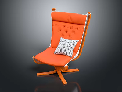 Comfortable Orange Leisure Chair With Tufted Backrest Wooden Frame And Checkered Pillow 3d model