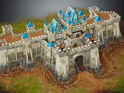 Medieval Castle with Stone Walls Blue Spires Towers Gateway Grass and Wooden Fences 3d model