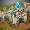 Medieval Castle with Stone Walls Blue Spires Towers Gateway Grass and Wooden Fences
