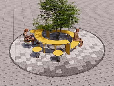 Yellow Round Outdoor Table Chair Set With Central Tree And Patterned Tile 3d model
