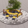 Yellow Round Outdoor Table Chair Set With Central Tree And Patterned Tile 3d model