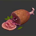 Sliced Bone In Ham With Fresh Slices And Green Leaves On Dark Background 3d model