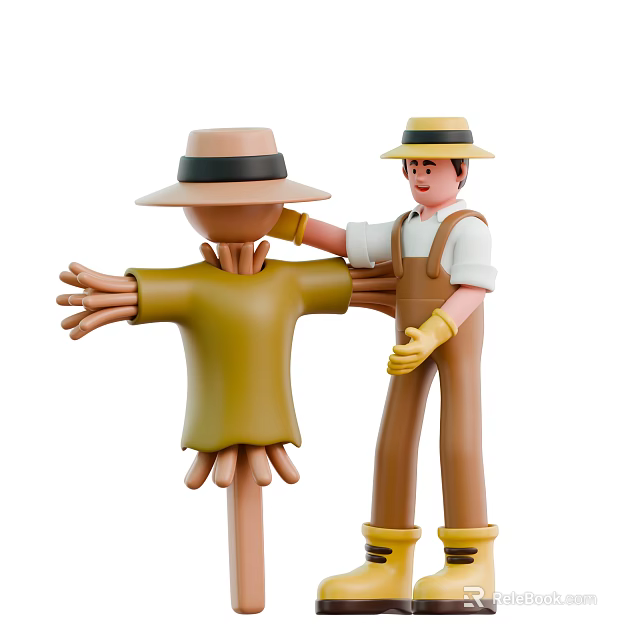 Man Wearing Straw Hat And Overalls Adjusting Scarecrow Figure With Gloves 3d model 