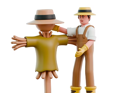 Man Wearing Straw Hat And Overalls Adjusting Scarecrow Figure With Gloves 3d model