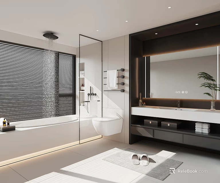 Modern Minimalist Bathroom Interior With Smart Backlit Mirror And Premium Glass Shower Sanitary Fixtures 3d model 