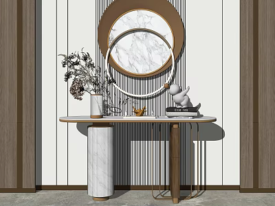 Modern Console Table Design With Marble Top Round Mirror And Decorative Plants 3d model