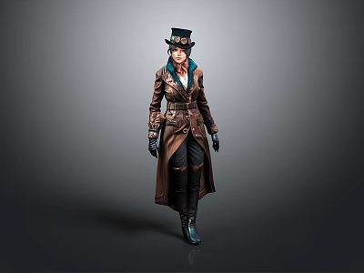 Steampunk Style Character Outfit With Brown Long Coat Top Hat Green Scarf And Leather Gloves 3d model