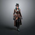 Steampunk Style Character Outfit With Brown Long Coat Top Hat Green Scarf And Leather Gloves