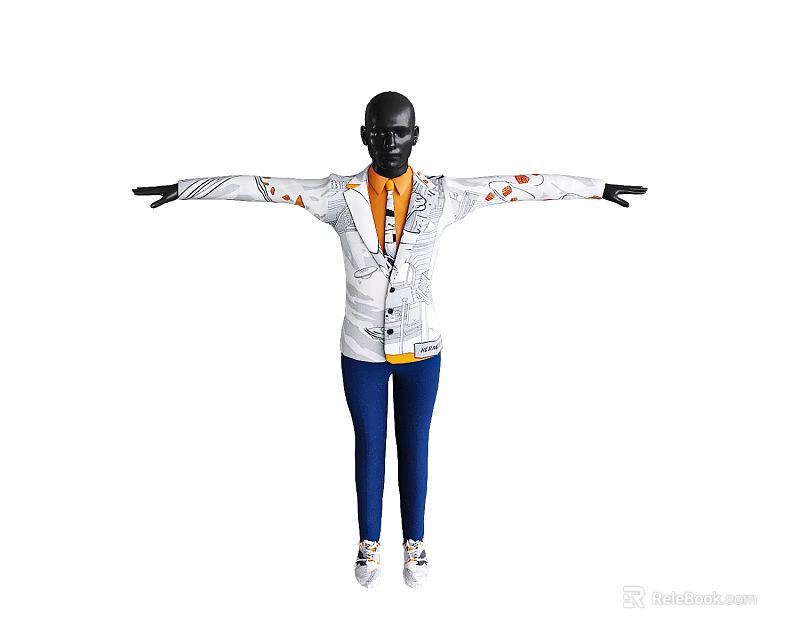 Mannequin White Jacket With Orange Patterns Orange Shirt Blue Tight Pants White Sneakers Arms Outstretched 3d model 