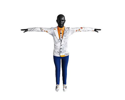 Mannequin White Jacket With Orange Patterns Orange Shirt Blue Tight Pants White Sneakers Arms Outstretched 3d model
