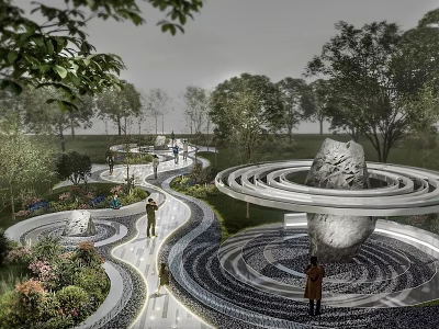 Dry Landscape Garden Design With Circular Paths Rock Features Trees And People Walking 3d model