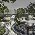 Dry Landscape Garden Design With Circular Paths Rock Features Trees And People Walking