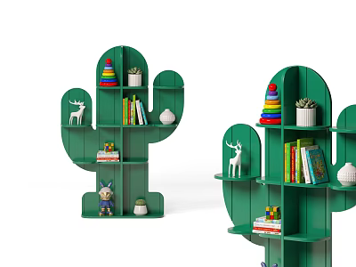 Green Cactus Shaped Bookshelf with Books Deer Figurine Stacking Rings and Potted Plants 3d model