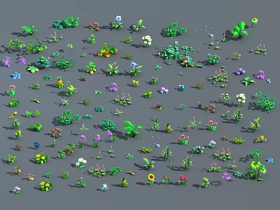 Assorted Colorful Flowers and Diverse Green Plants Collection on Gray Background 3d model