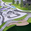Waterfront Landscape Design With Winding Pathways Greenery Wooden Deck And Colorful Canopies