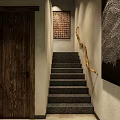 Natural Style Living Space With Wooden Ceiling Beams Fireplace Bamboo Blinds And Decorative Art
