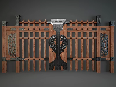 Traditional Wooden Gate Design With Intricate Carvings And Metal Accents 3d model