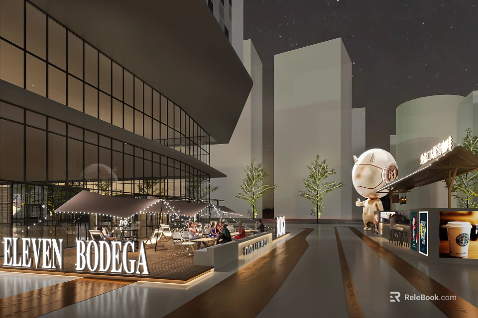 Vibrant Bodega Style Outdoor Cafe At Night With Glass Facade And Seating Area 3d model 